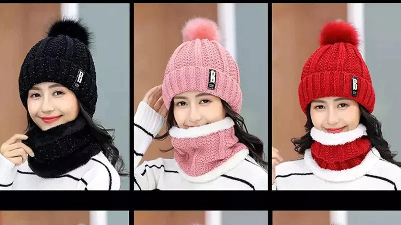 2 Pcs Branded Beanie Hat Scarf Set Women's Winter Warm Knitted With Fleece Lining