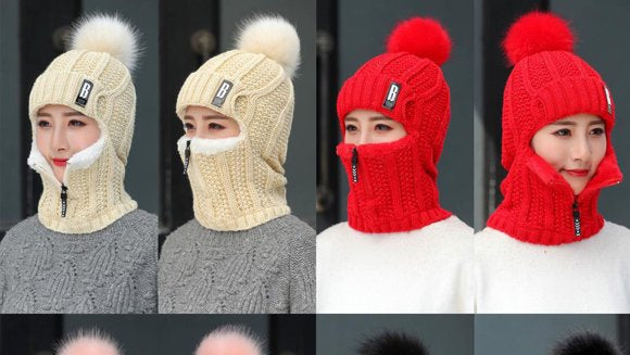 Warm Hat for Women, Women Winter Warm Knitted Hat Scarf Set,Beanie Cap Face Mask With Zip Neck Ear Warmer Thick Windproof Fleece Padded Hood Cycling By MUTOCAR